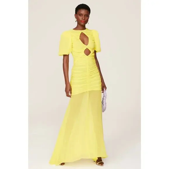 DE LA VALI Yellow Middle Front Cutout Ruching Flowy Sheer Skirt Olympia Gown 14 - Picture 15 of 16